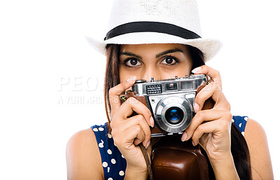 Buy stock photo Digital camera, woman or paparazzi in portrait taking picture on studio white background for creative artist or hobby. Female person, image tech and photography against isolated backdrop for memories