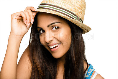 Buy stock photo Happy, fashion and woman with hat in studio with casual, trendy and summer outfit. Smile, portrait and female person with cool style for clothes and head accessory isolated by white background.