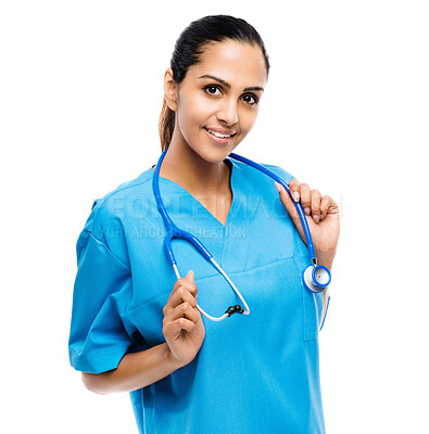 Buy stock photo Shot of a young female holding her stethoscope against a studio background