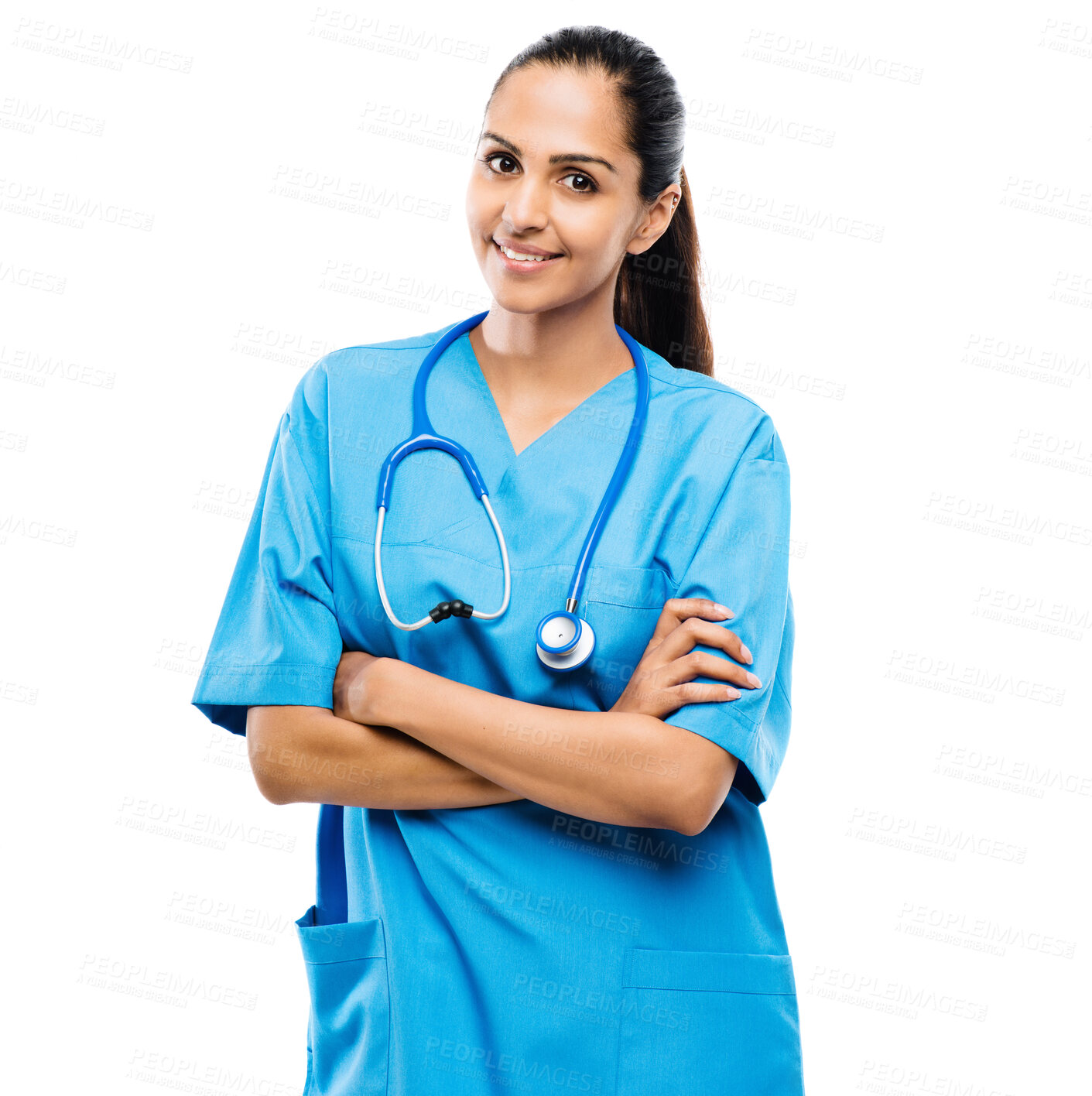 Buy stock photo Crossed arms, woman and portrait of doctor in studio with stethoscope for medical career. Smile, pride and professional female healthcare worker with positive attitude isolated by white background.