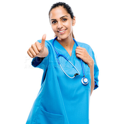 Buy stock photo Thumbs up, woman and portrait of doctor in studio with stethoscope for medical career. Smile, pride and professional female healthcare worker with satisfaction hand gesture by white background.