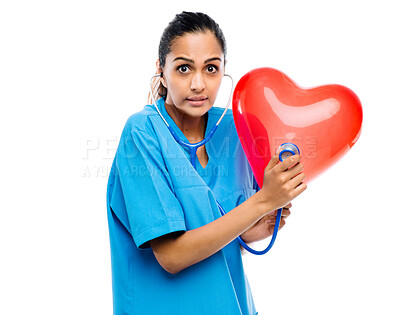 Buy stock photo Woman, doctor and heart balloon with stethoscope for medical check, cardiovascular care and white background. Portrait, cardiologist and studio with Indian nurse, scrubs and healthcare for specialist