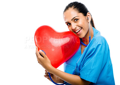 Buy stock photo Woman, heart and balloon with doctor in studio with portrait for love for career in cardiology, stethoscope and listen with care. Girl, isolated and white background with smile, healthcare and proud.