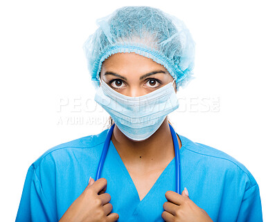 Buy stock photo Mask, hair net and portrait of doctor in studio with stethoscope for medical career and ppe. Confident, pride and professional female healthcare worker with safety isolated by white background.