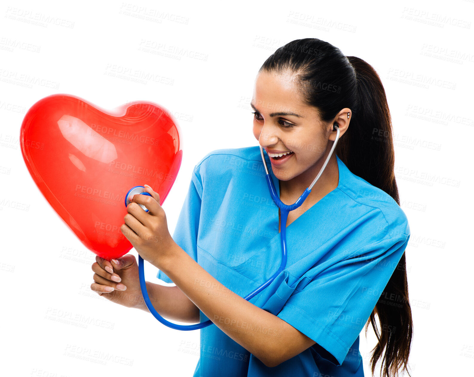 Buy stock photo Love, woman doctor and heart balloon for medical care, cardiovascular medicine on white background. Smile, stethoscope and studio for Indian person, scrubs and healthcare or cardiology specialist