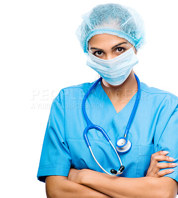 Buy stock photo Mask, hair net and doctor with crossed arms in studio with stethoscope for medical career and ppe. Confident, pride and portrait of female healthcare worker with safety isolated by white background.