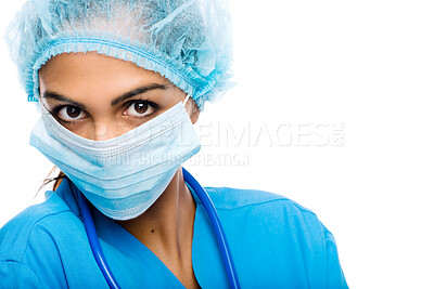 Buy stock photo Ppe, woman or surgeon in portrait with mask on in studio white background for healthcare and protection. Hygiene, female person and medical safety on mockup against isolated backdrop with hair net