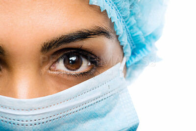 Buy stock photo Healthcare, close of woman doctor with face mask and against a white background. Medical health wellness, covid 19 and female nurse or surgeon with facial protection against a studio backdrop