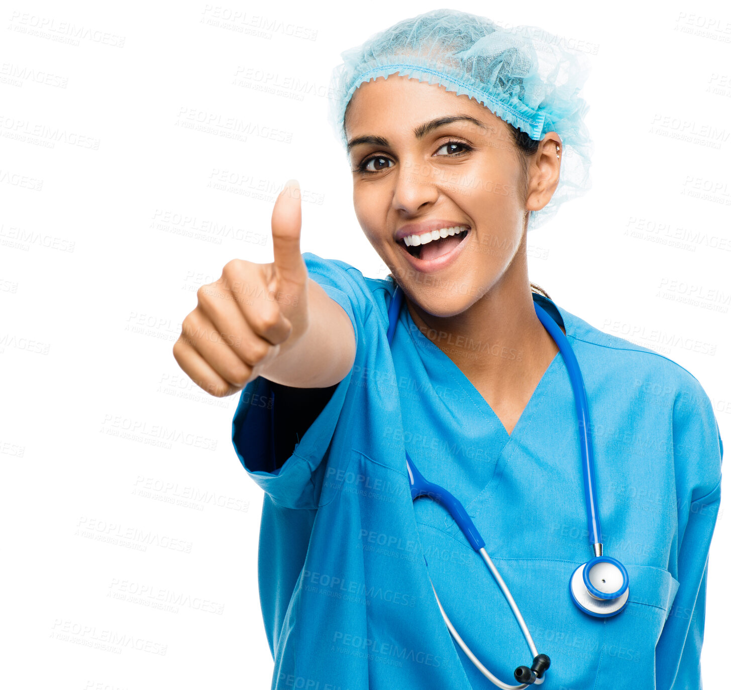 Buy stock photo Thumbs up, hair net and portrait of doctor in studio with stethoscope for medical career and ppe. Confident, smile and female healthcare worker with satisfaction hand gesture by white background.