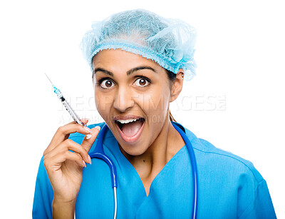 Buy stock photo Wow, portrait and woman doctor with needle, injection and plastic surgeon on white studio background. Omg, expression and medical professional person, healthcare or dermatology for skincare or beauty