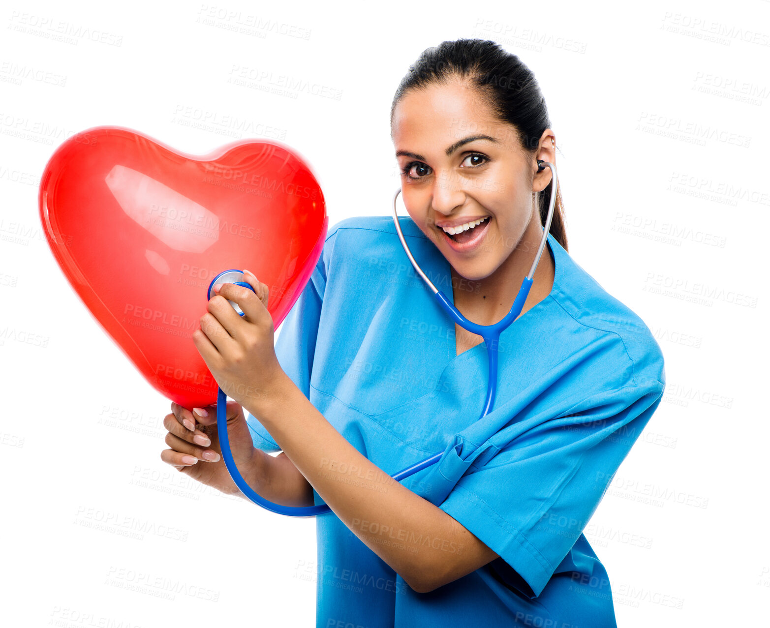 Buy stock photo Woman, doctor and heart balloon for medical care, cardiovascular medicine and white background. Portrait, stethoscope and studio for Indian person, scrubs and healthcare or cardiology specialist