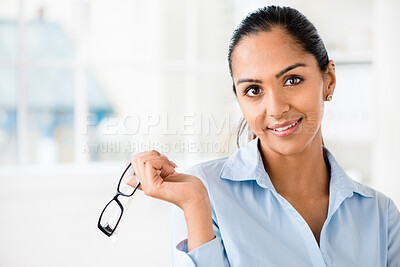 Buy stock photo Portrait, smile and business with woman, glasses and employee for design agency, corporate fashion and entrepreneur with startup launch. Face, person and consultant for creative project and eyewear