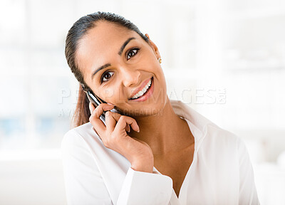 Buy stock photo Phone call, smile and portrait of business woman talking to contact for news, negotiation or networking in office. Face, happy or financial agent on mobile for story, chat or conversation in Brazil