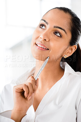 Buy stock photo Thinking, face or businesswoman with inspiration, ideas or future goals in corporate office or company. Professional, confident worker or sales person in workplace for decision, opportunity or choice