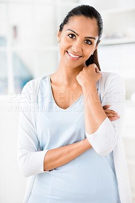 Buy stock photo Portrait, smile and business with Indian woman, arms crossed or employee for style agency, opportunity or entrepreneur with startup launch. Face, person or consultant for creative project and eyewear