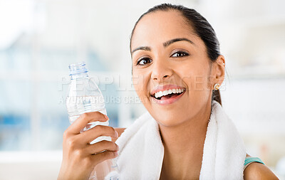 Buy stock photo Athlete, portrait and woman for fitness with towel, training and sports for health with water. Face, smile and strong female person in sportswear and drink bottle, exercise or performance in gym