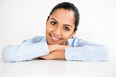 Buy stock photo Portrait, smile and table with woman lawyer in studio for legal representation at court or trial. Consulting, justice or trust and friendly face of attorney on white background for administration