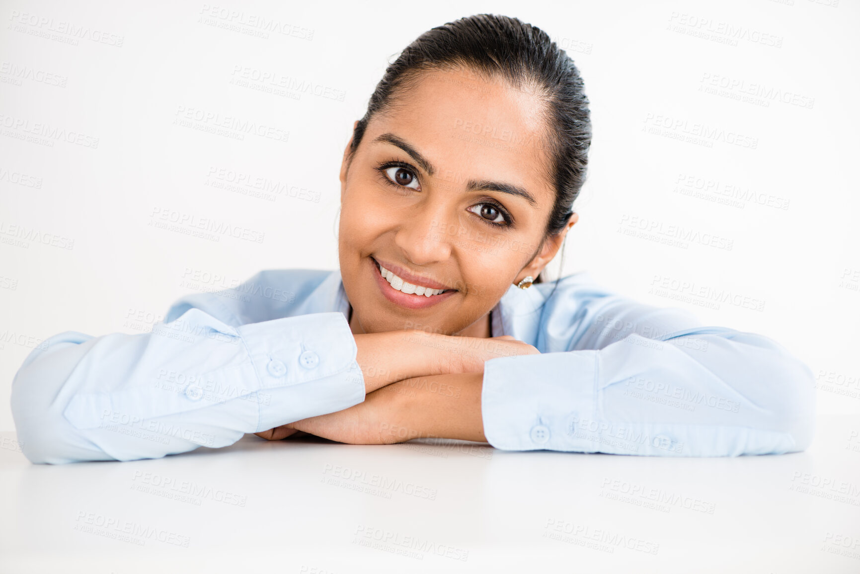 Buy stock photo Portrait, smile and table with woman lawyer in studio for legal representation at court or trial. Consulting, justice or trust and friendly face of attorney on white background for administration