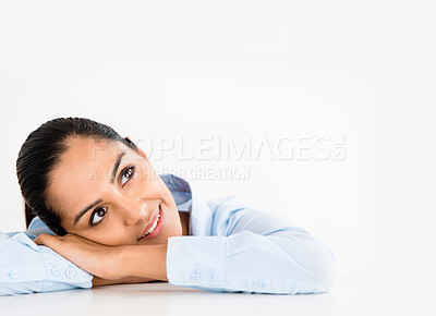 Buy stock photo Businesswoman, daydream and studio with thinking or idea isolated on white background with smile. Memories, nostalgia and happy thoughts with vision, mindset and contemplating entrepreneur in Spain.