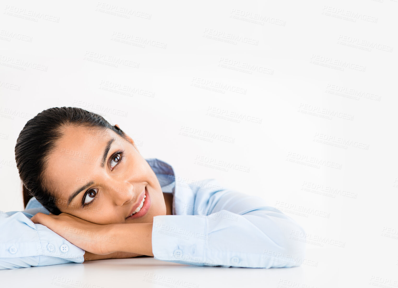 Buy stock photo Businesswoman, daydream and studio with thinking or idea isolated on white background with smile. Memories, nostalgia and happy thoughts with vision, mindset and contemplating entrepreneur in Spain.