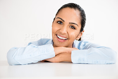 Buy stock photo Portrait, smile and studio with woman lawyer on table for legal representation at court or trial. Consulting, justice or trust and friendly attorney on white background firm for administration