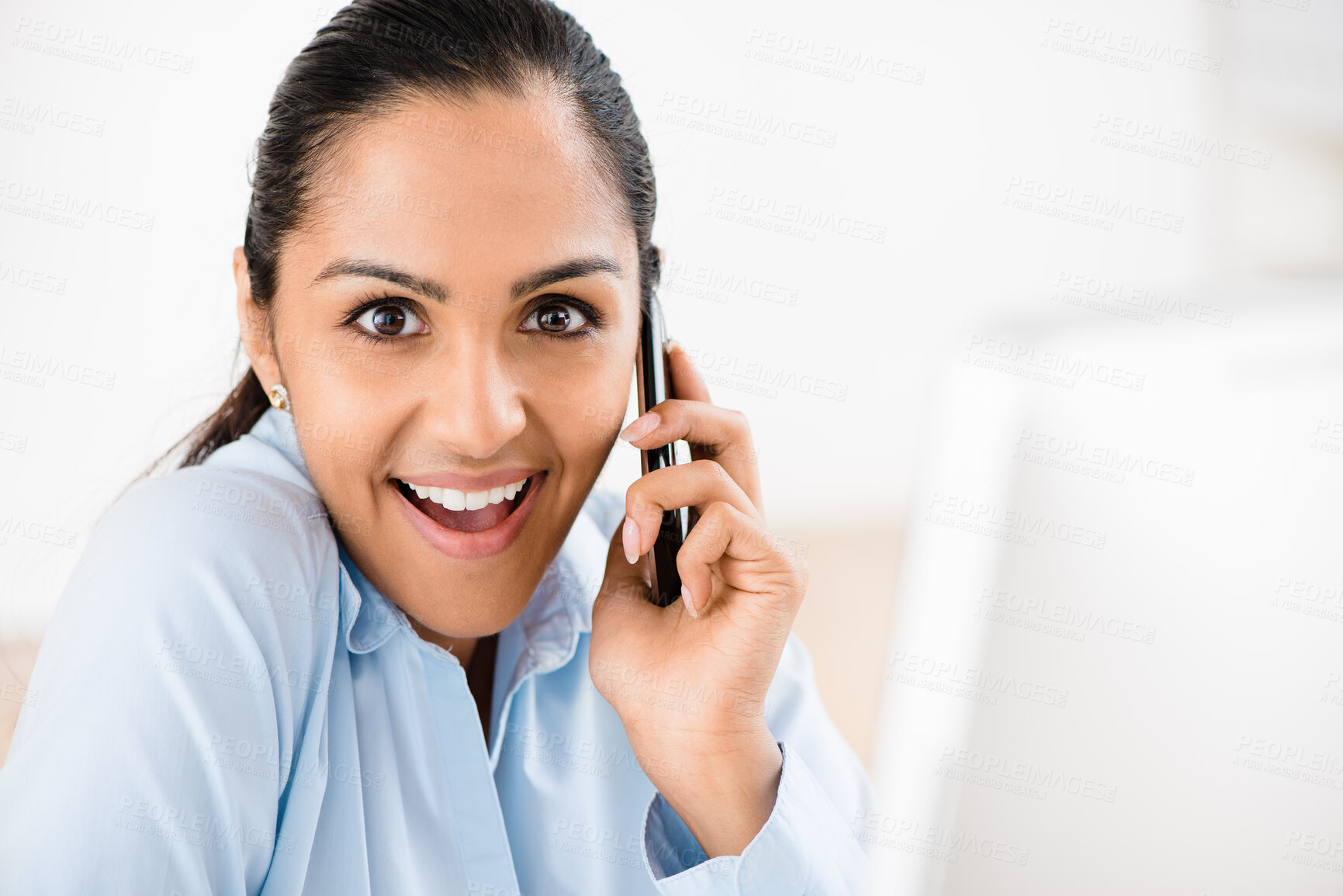 Buy stock photo Phone call, surprise and portrait of business woman talking for news, negotiation or communication in office. Face, happy and financial consultant on mobile for story or shocking gossip on computer