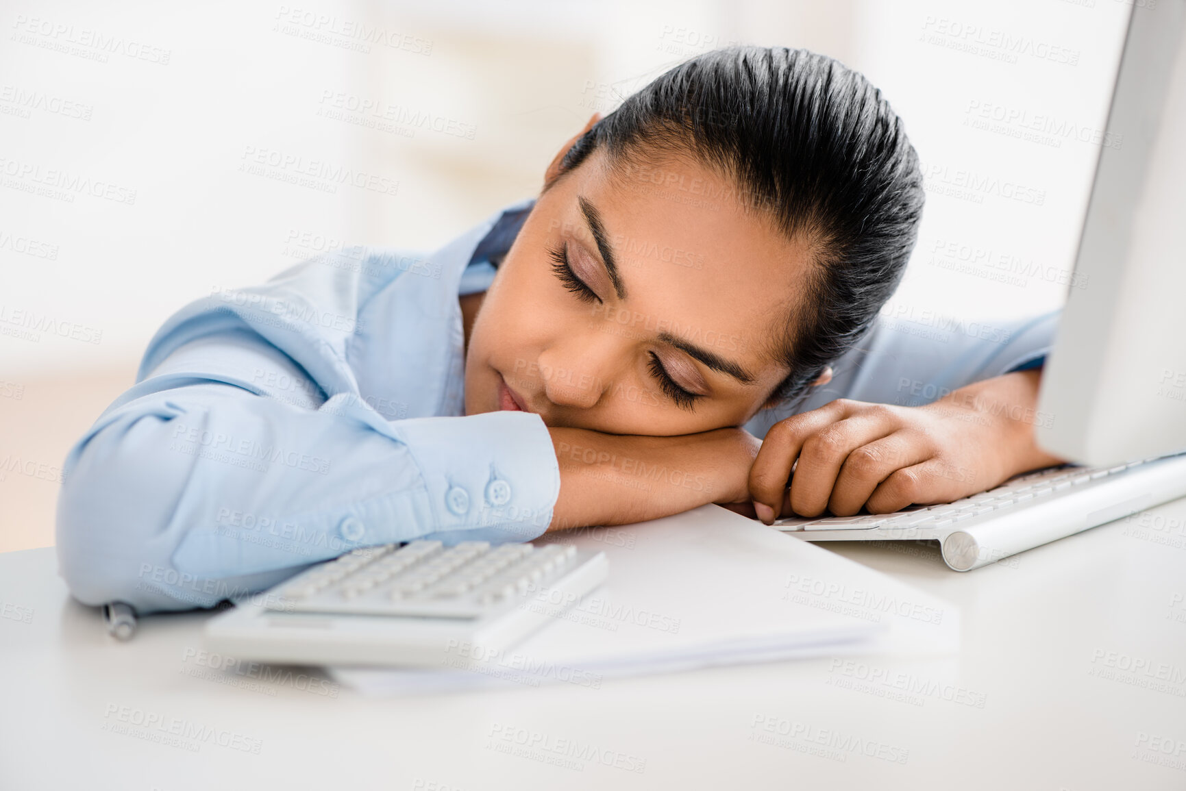 Buy stock photo Office, business and woman with sleeping, burnout and tired for overtime as content writer. Workspace, female journalist and exhausted for deadline of political story, copywriting and online blog