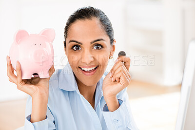 Buy stock photo Portrait, happy and saving money with budget, investment and corporate woman with cash. Piggy bank, accounting and coin for banking profit, income and wealth with financial safety of employee