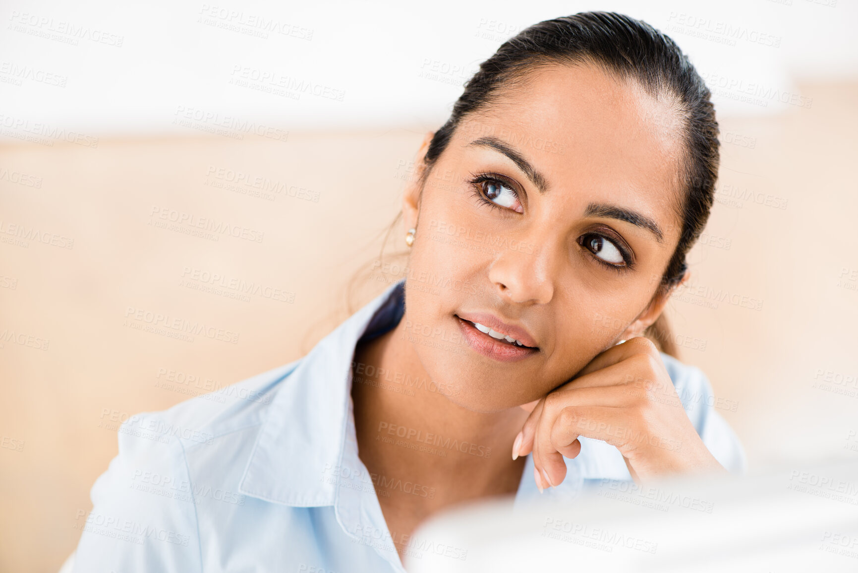Buy stock photo Thinking, ideas and business woman with vision and planning for writing in workplace, agency or career opportunity. Daydreaming, professional and confident copywriter with ambition for startup goals