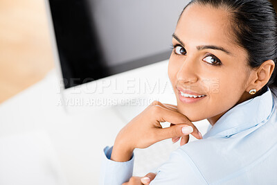 Buy stock photo Computer, portrait and smile with woman lawyer in office for legal representation at court or trial. Consulting, information or research and face of happy attorney in law firm for administration