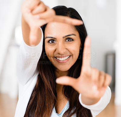 Buy stock photo Finger frame, portrait and woman lawyer in office for legal representation at court or trial. Measure, smile or size and face of happy attorney in law firm with hand gesture for advice or distance