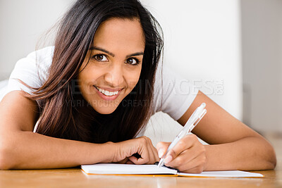 Buy stock photo Businesswoman, portrait and office with notebook, smile and confidence for goals. Creative writer, professional news agency and report agent for content creation, publishing and press startup