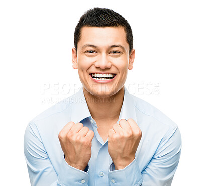 Buy stock photo Portrait, business and man with celebration, smile and employee isolated on white studio background. Face, happy person and model with gesture, stock market and achievement with success and promotion