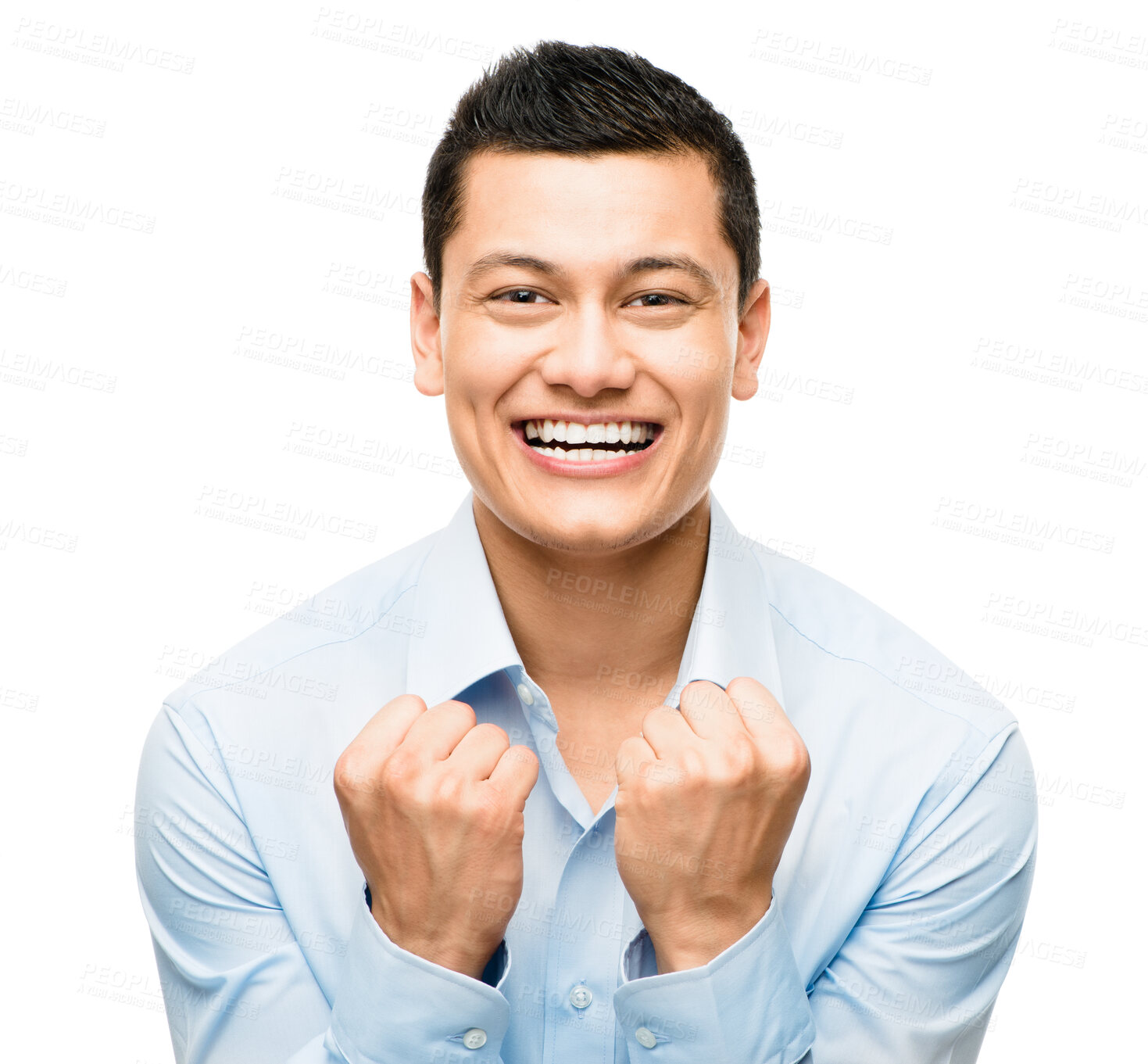 Buy stock photo Portrait, business and man with celebration, smile and employee isolated on white studio background. Face, happy person and model with gesture, stock market and achievement with success and promotion