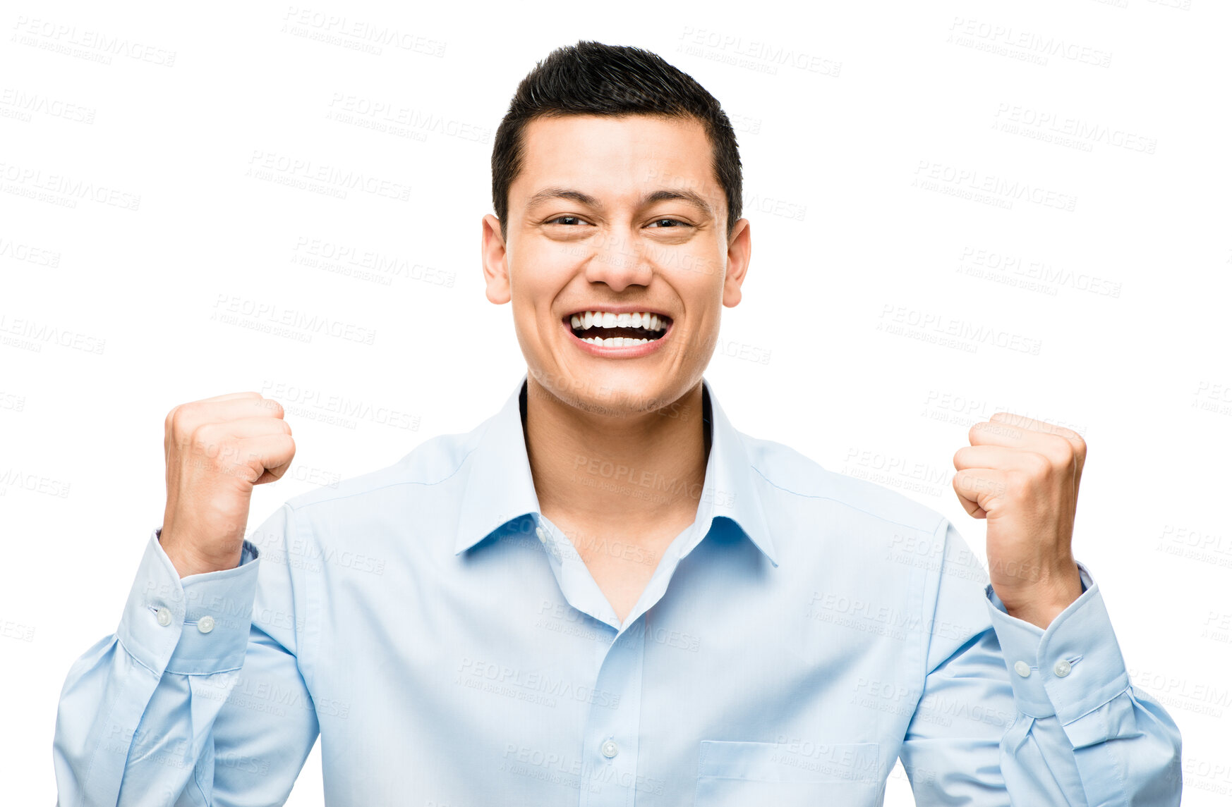 Buy stock photo Portrait, winner and excited businessman with fist pump on white background to celebrate opportunity. Bonus target, yes and happy sales person with goals, promotion success and job news in studio