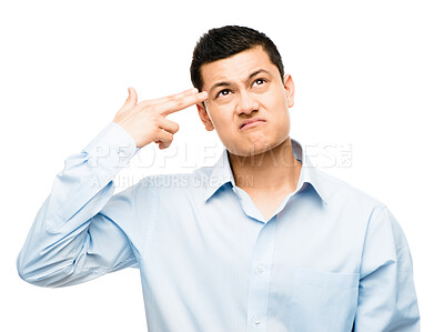 Buy stock photo Stress, businessman and gun gesture with hand in studio for depression, frustrated or deadline on white background. Anxiety, burnout and person with weapon emoji for crisis, mental health or fail