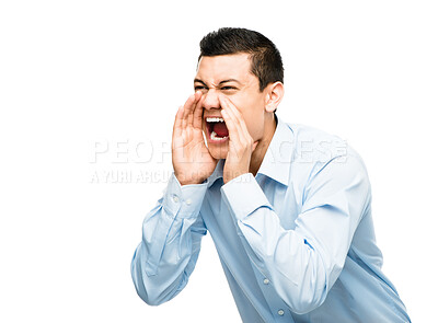 Buy stock photo Shouting, hands and attention of businessman in studio for announcement, anxiety or danger on white background. Screaming, noise and male person with gesture for yelling, bad situation or mockup