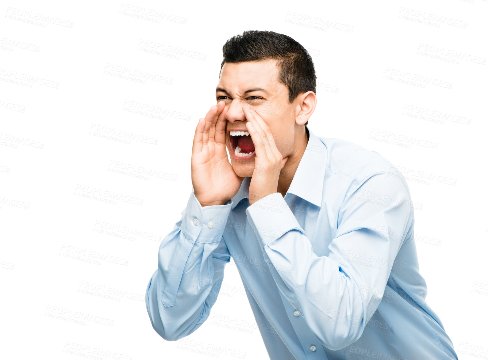 Buy stock photo Shouting, hands and attention of businessman in studio for announcement, anxiety or danger on white background. Screaming, noise and male person with gesture for yelling, bad situation or mockup