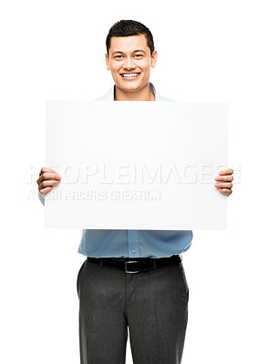 Buy stock photo Portrait, smile and business man with poster in studio isolated on a white background mockup. Happy, banner and professional with space for advertising, marketing or commercial branding for promotion