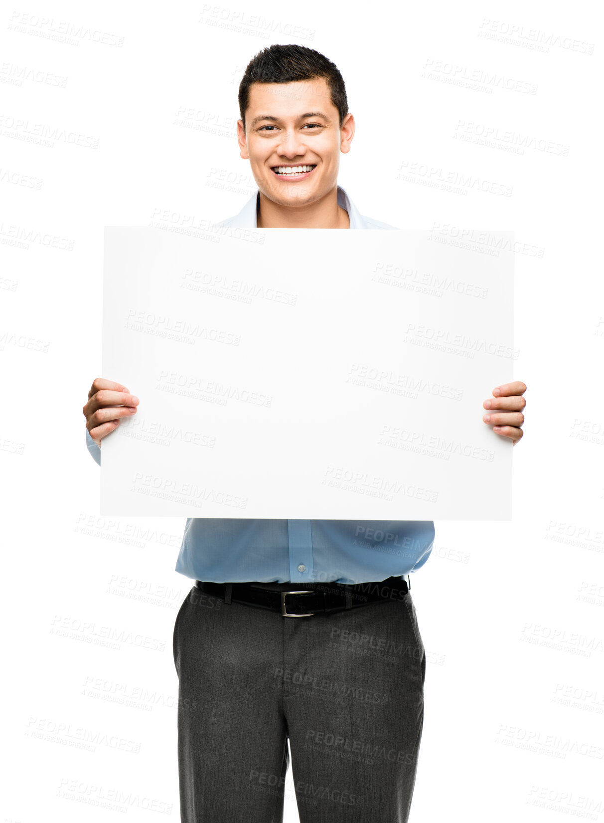 Buy stock photo Portrait, smile and business man with poster in studio isolated on a white background mockup. Happy, banner and professional with space for advertising, marketing or commercial branding for promotion