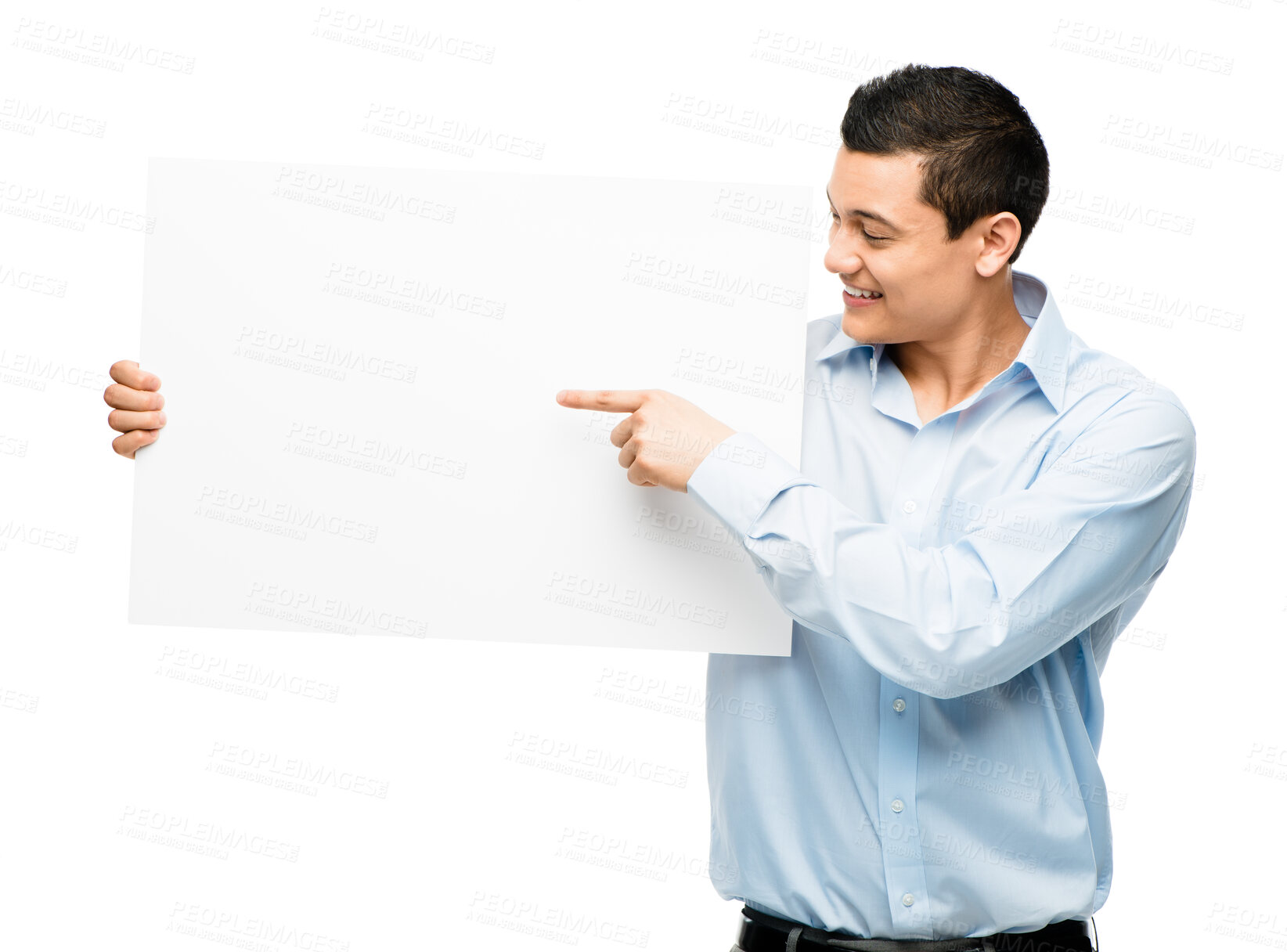 Buy stock photo Smile, pointing and business man with poster in studio isolated on a white background mockup. Happy, banner and professional with space for advertising, marketing or commercial board on promotion.