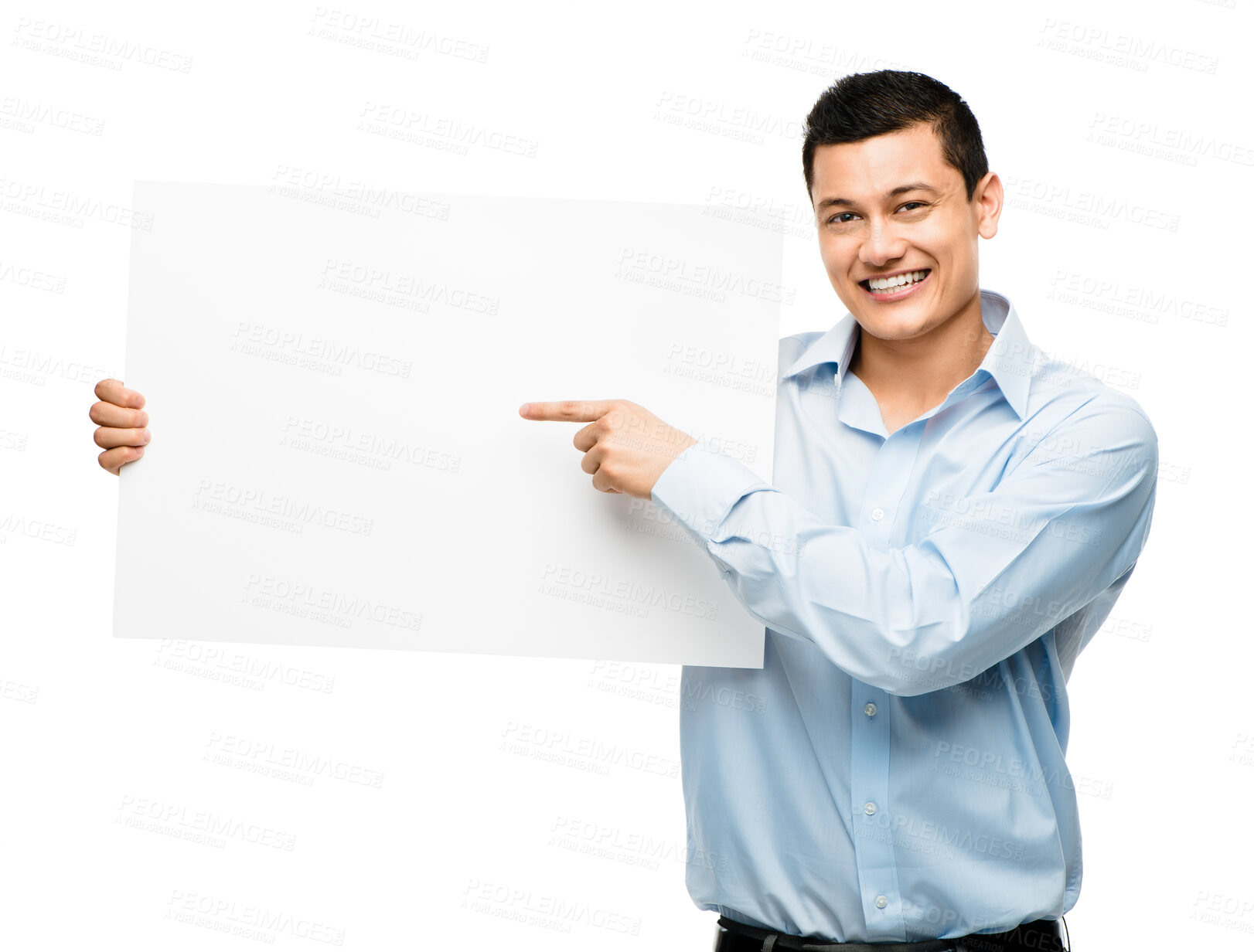 Buy stock photo Portrait, pointing and business man with board in studio isolated on white background mockup. Happy, banner and professional with space for advertising, marketing or commercial branding on promotion.