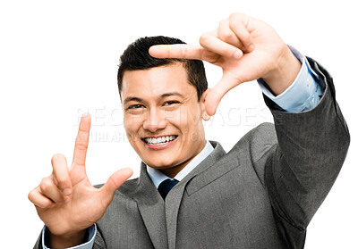 Buy stock photo Border, hands or portrait of happy businessman in studio on white background with confidence or smile. Finger frame,  selfie and face with hand sign for profile picture, photography and perspective