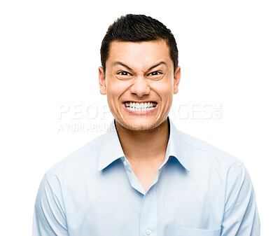 Buy stock photo Funny face, portrait and businessman with comic in studio, goofy and teeth on white background. Comedy, humor and man with expression for excited, business and person joking for fun with office style