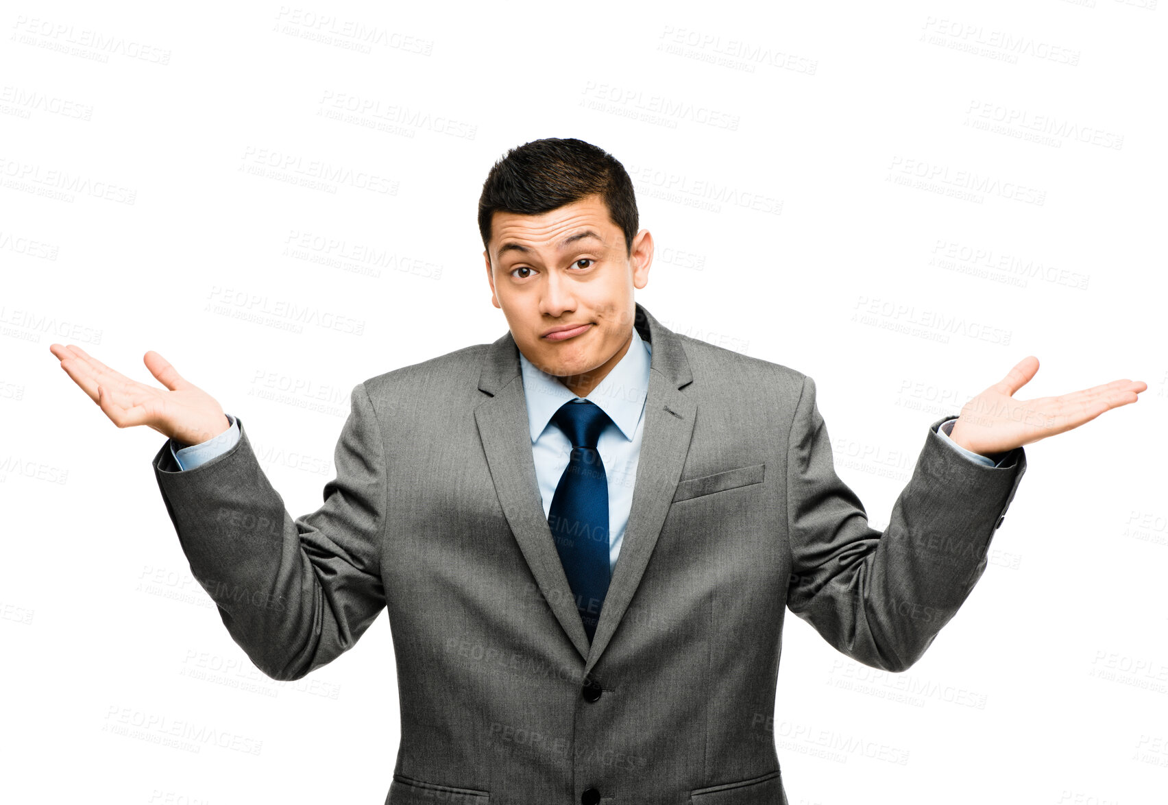 Buy stock photo Portrait, confused and businessman for shrug in studio with doubt, decisions and question from brainstorming solution. Professional, male person and choice for scale option ideas on white background