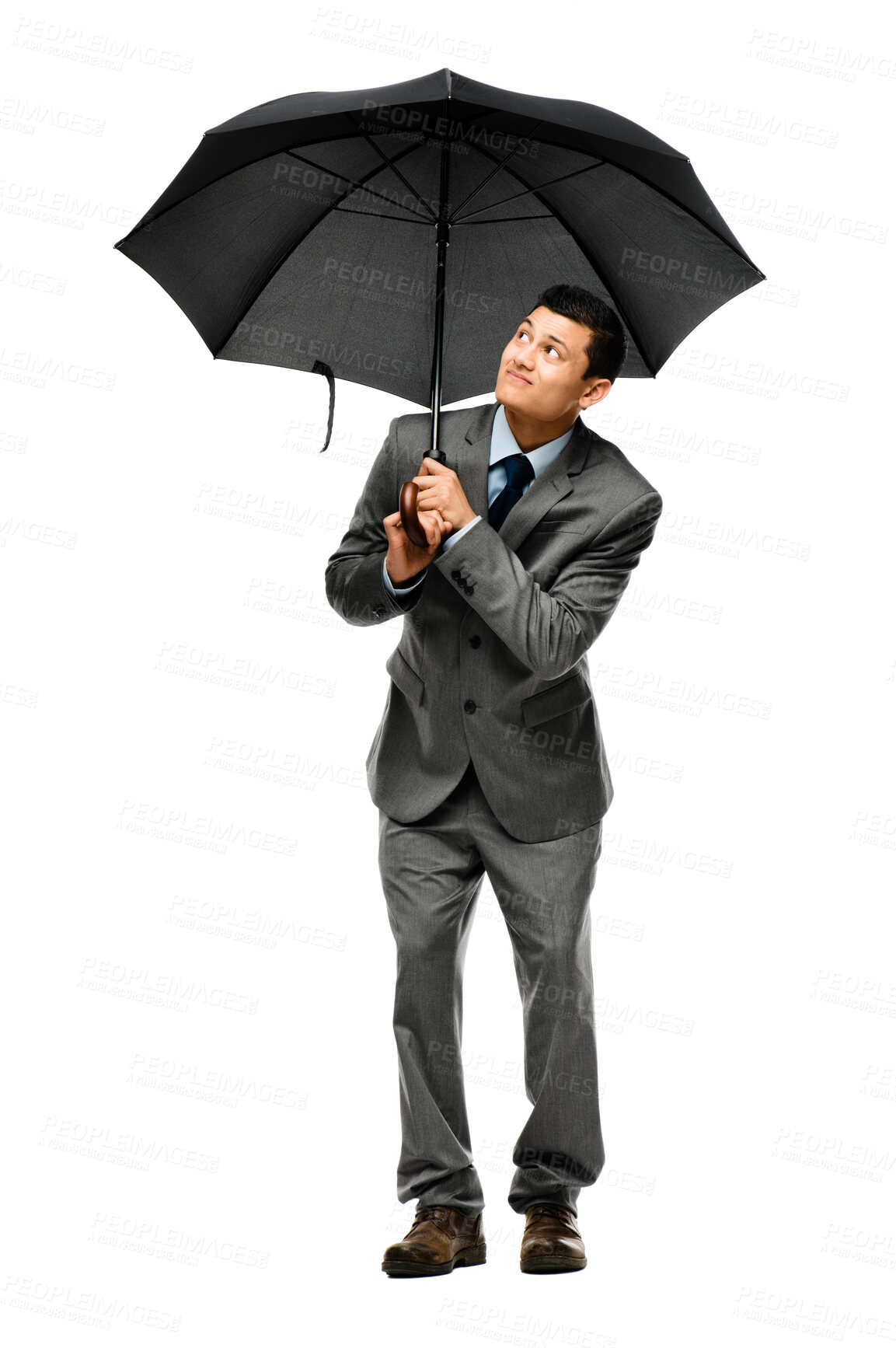 Buy stock photo Corporate, businessman and safety with umbrella in studio for winter weather, rain and protection. Professional person, thinking and idea with cover for cold, season and shelter on white background