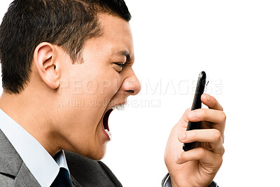 Buy stock photo Phone call, shouting and businessman with mobile in studio for argument, problem or disagreement on white background. Profile, stress and person with cellphone for screaming, frustrated or complaint