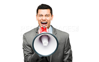 Buy stock photo Businessman, megaphone and angry in studio with announcement, speech and warning for loud voice. Corporate male, speaker and protest with frustrated for tax law, economy and change in trade policy