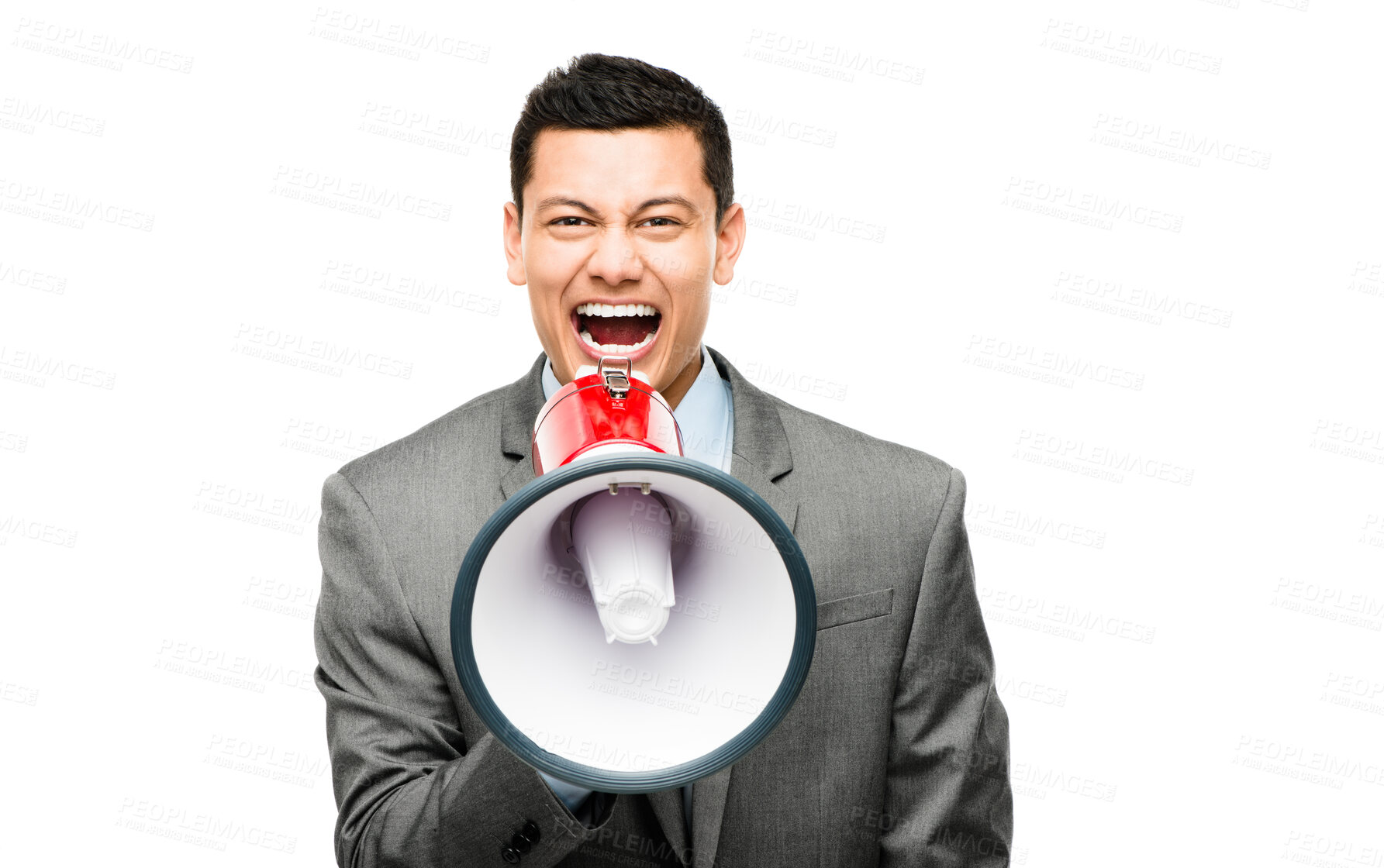 Buy stock photo Businessman, megaphone and angry in studio with announcement, speech and warning for loud voice. Corporate male, speaker and protest with frustrated for tax law, economy and change in trade policy