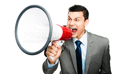 Buy stock photo Megaphone, protest and shouting with business man in studio isolated on white background for rally. Bullhorn, politics and announcement of corporate professional in suit at march for employee rights